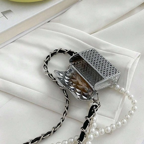 Silver Preppy Womens Mini Metallic Flap Square Bag Pearl Decor - Picture 3 of 5